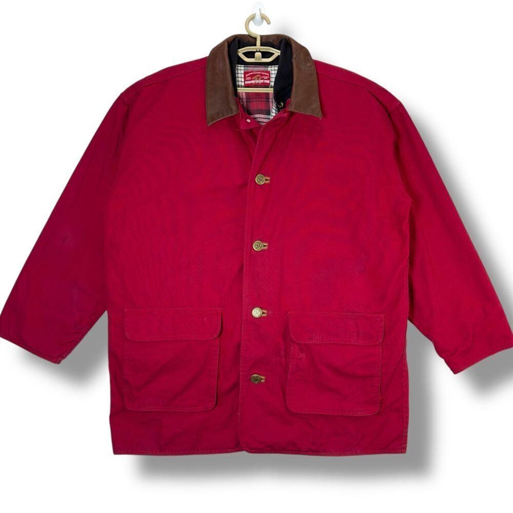 VTG 90's Marlboro Red Canvas Barn Jacket with Leather Collar Coat size Large Y2K